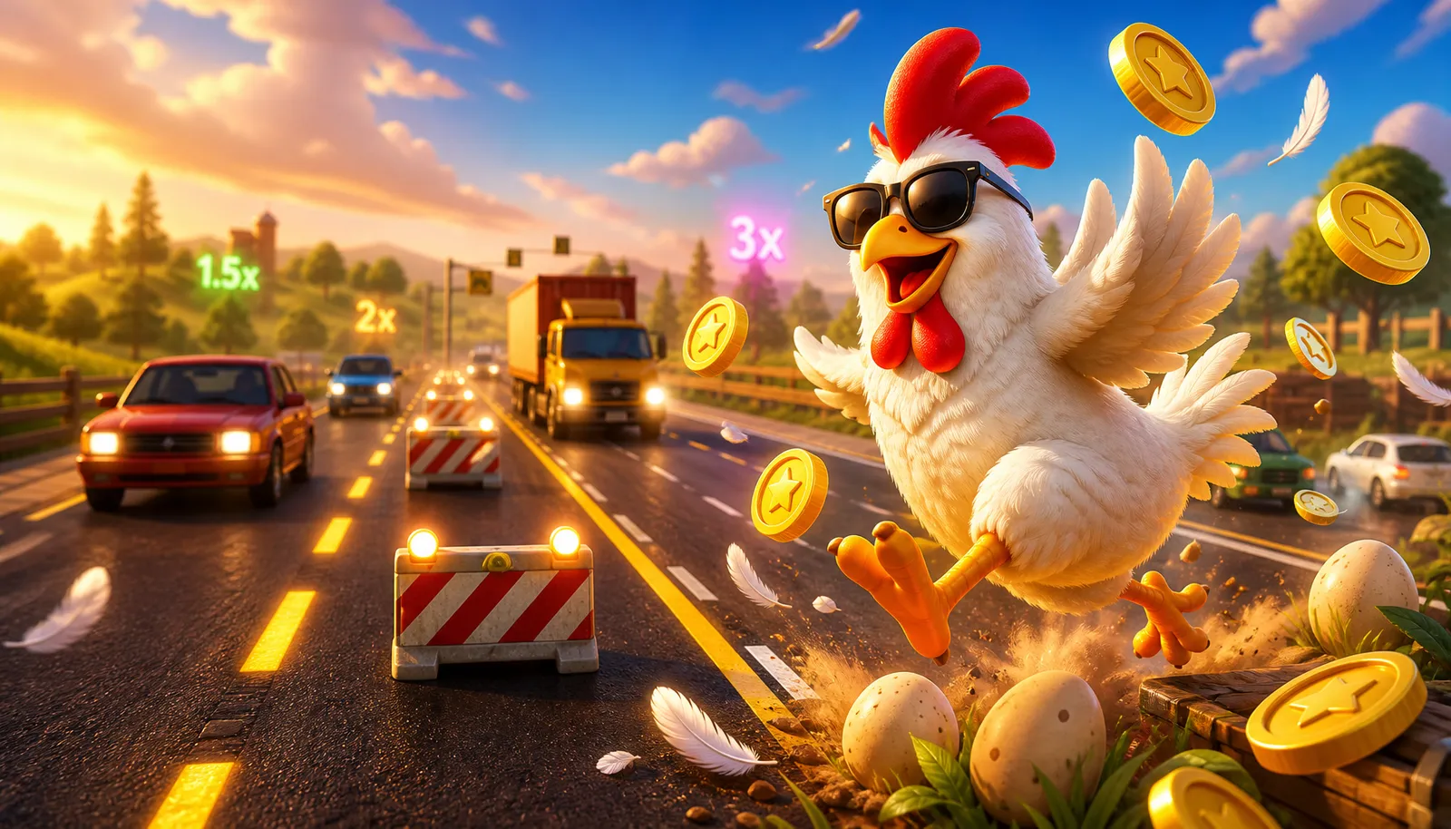 Dynamic Chicken Road game scene with confident chicken crossing multi-lane road, featuring eggs, coins, and arcade energy.