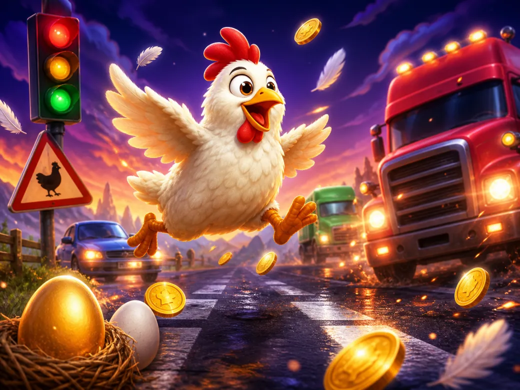 Artistic depiction of Chicken Road slot game featuring a funny chicken on a road with traffic lanes, feathers, and playful el