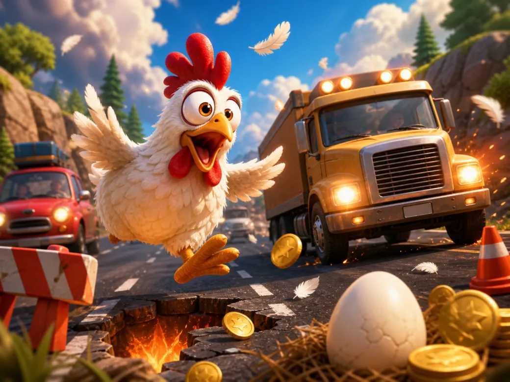 Chicken character on a busy road with traffic, feathers and eggs flying, capturing dynamic slot gameplay.