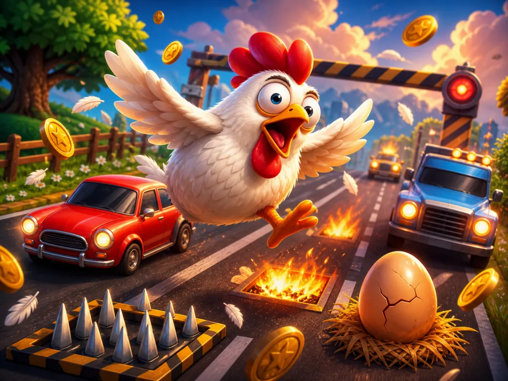 Whimsical chicken characters navigating a colorful road full of challenges in the Chicken Road slot game.