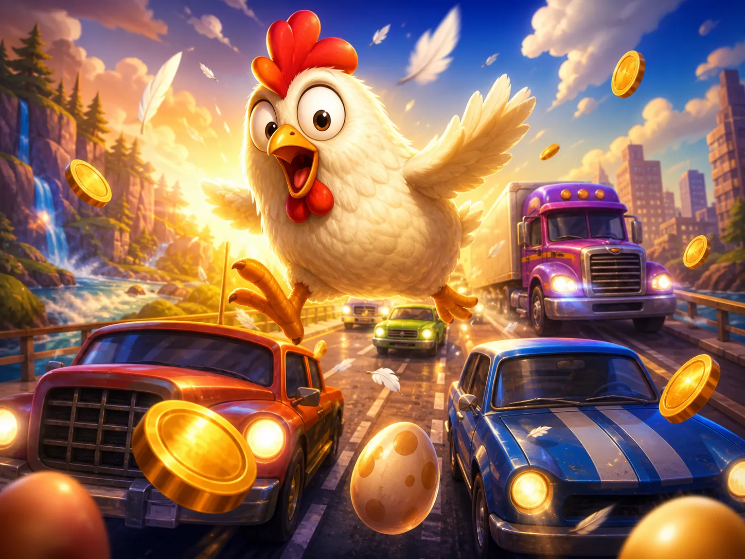 Chicken in traffic lane dodging cars with feathers and eggs flying around in a playful casino slot game setting.