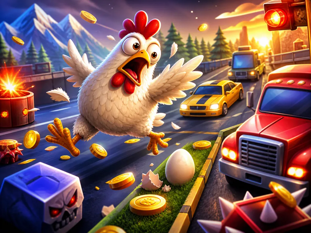 A playful chicken character dodging traffic on a busy road with feathers and eggs scattered around, capturing the essence of 